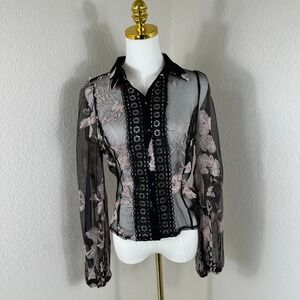 Peach Embroidered Mesh Blouse Womens Small Black Pink Sheer Romantic Whimsigoth